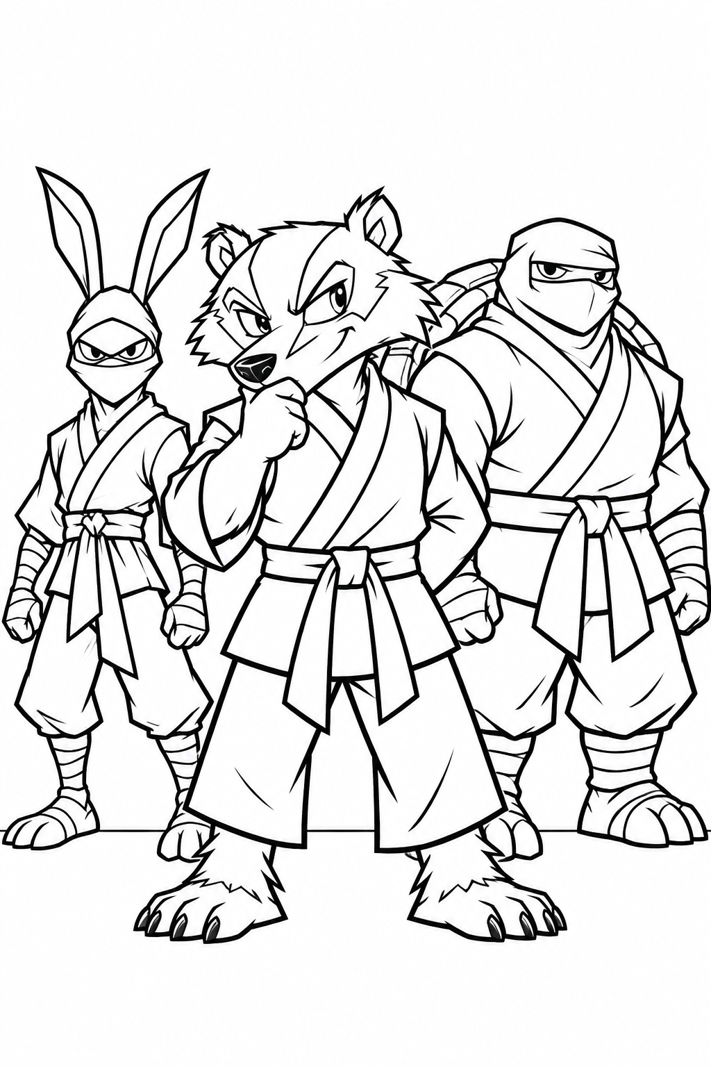 Printable black-and-white drawing of Bad Badger with his masked Shadow Claw Clan: agile hares and powerful tortoise heavies.