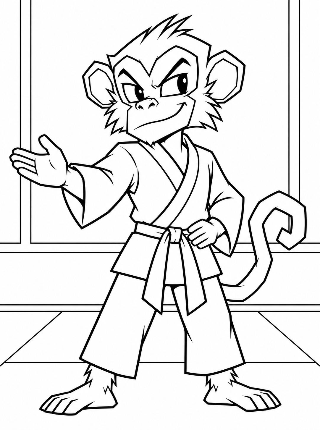 Printable black-and-white coloring drawing of Sensei Marshall Monkey.