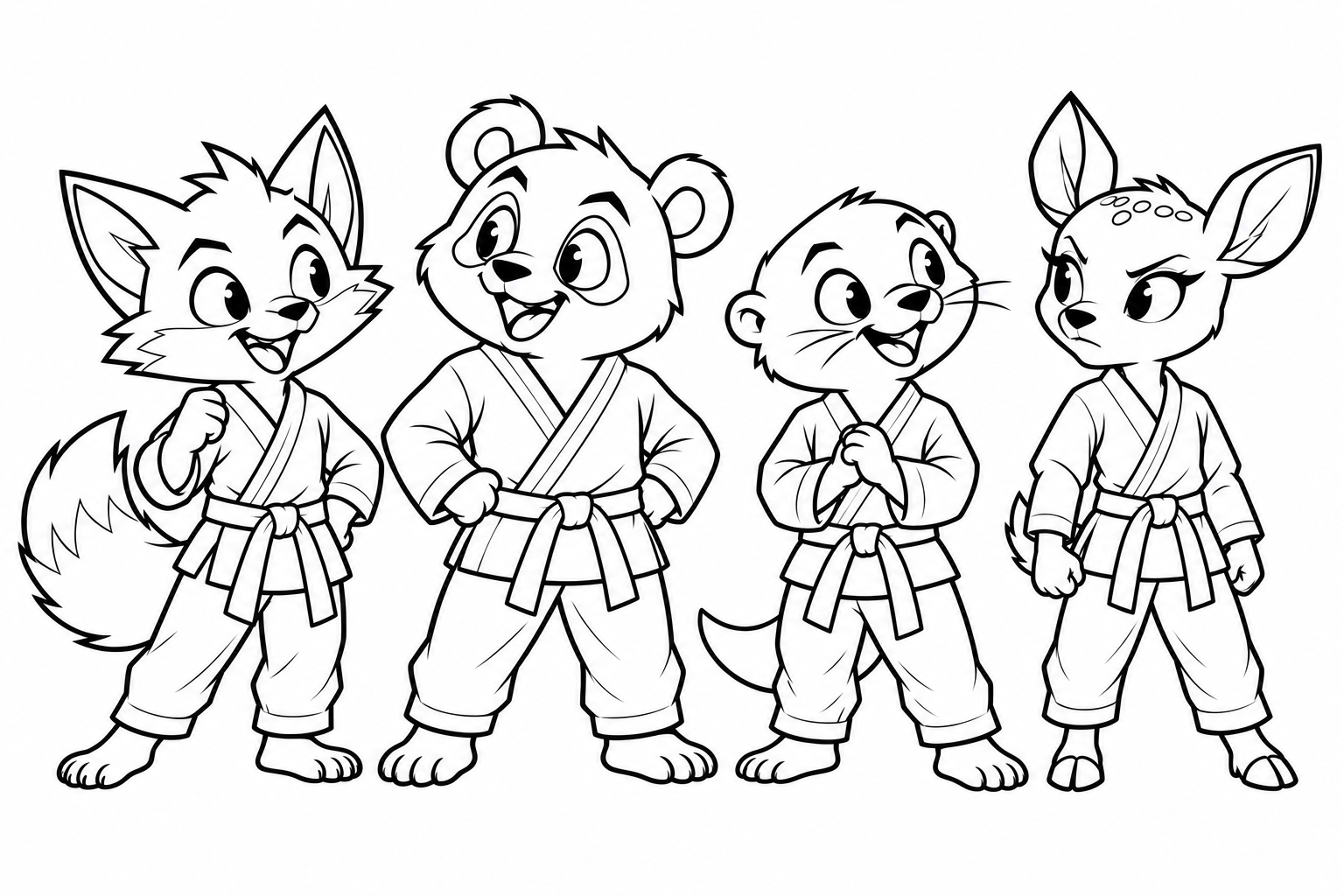 Printable coloring drawing of four young students: fox with a yellow belt, panda with an orange belt, otter with a green belt, and intensely focused girl deer with a black belt. The belts are ready to color.